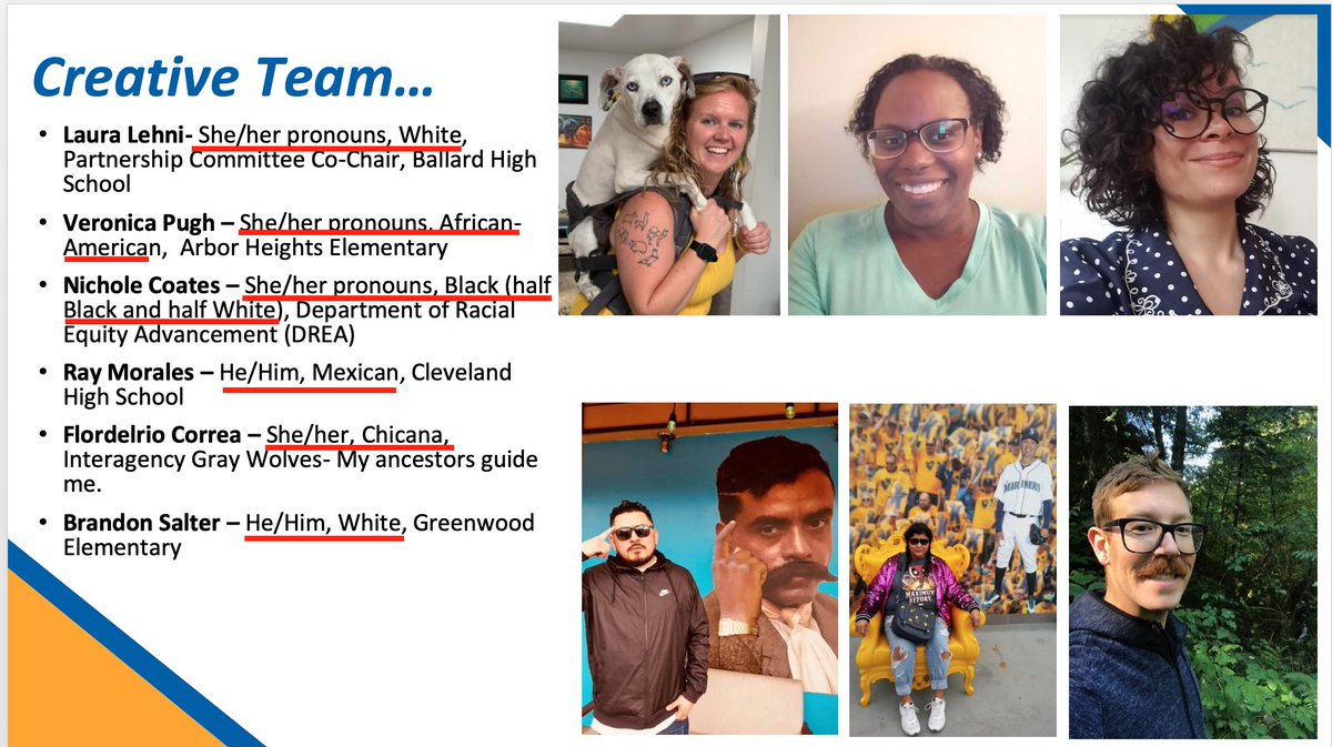 The participants identify themselves by both gender pronouns and race labels. While it has become commonplace in academia to use gender pronoun identifiers, this is perhaps the first example of an institution creating the expectation for explicit race-labeling in the workplace.