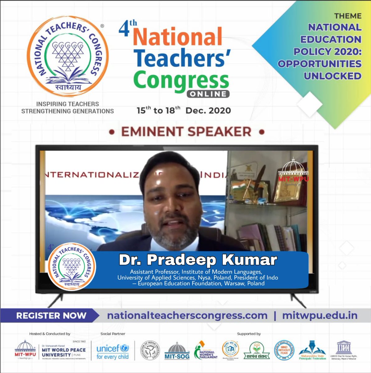 ntcofficial2020's tweet photo. Listen to the insightful address by  Dr. Pradeep Kumar- Assistant Professor,Institute of mordern languages, University of Applied Sciences,Nysa,Poland during Plenary Session 6 of The 4th National Teachers’ Congress 
Stay connected on https://t.co/wjt29W2Le0 https://t.co/qLyElIiGAi