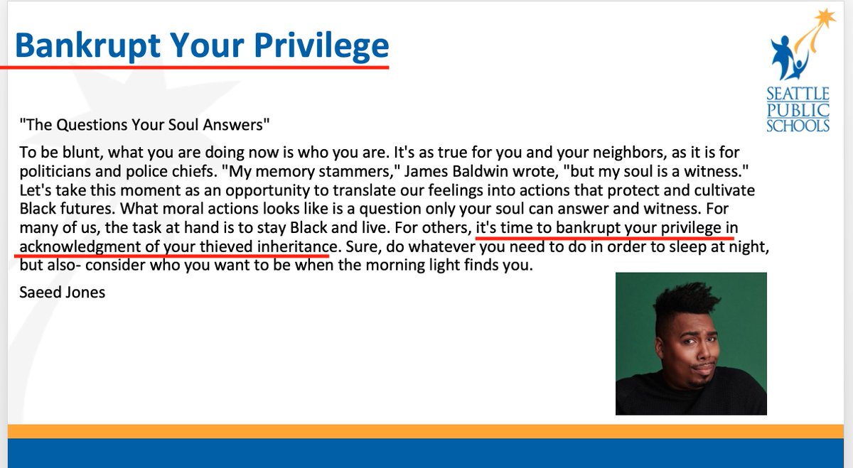 The central message is that white teachers must recognize that they “are assigned considerable power and privilege” because of their “possession of white skin.” To atone for this guilt, they must “bankrupt [their] privilege in acknowledgement of [their] thieved inheritance.”