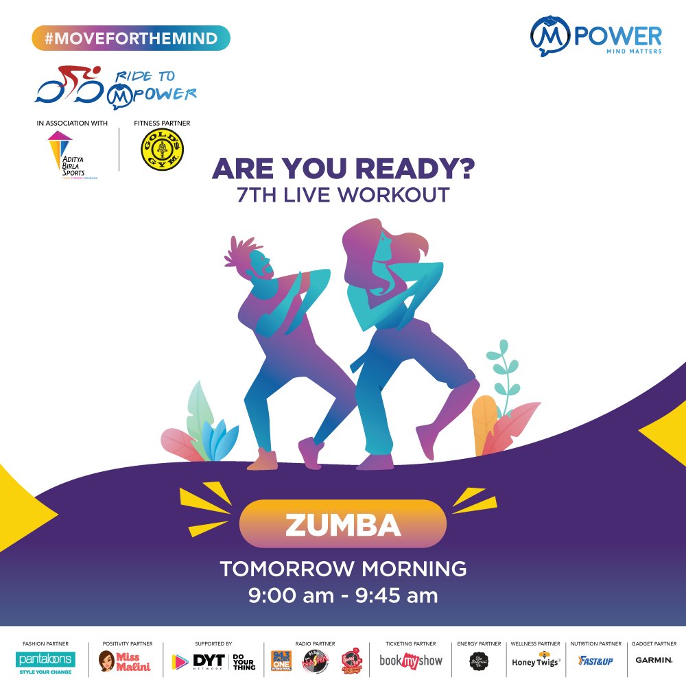 mpowerminds's tweet photo. Get ready for #MovefortheMind Finale!
Catch our Final Live session tomorrow on ZUMBA.
A Fun & Energetic dance workout!
@GoldsGymIndia https://t.co/Mi0FEORBRw