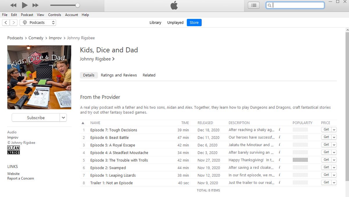KidsDice's tweet photo. Very cool to see our podcast is up on iTunes.  Guess you can listen to us there as well! Note the CLEAN LYRICS label.  Yea, we're wholesome as heck.
#iTunes #fridaymorning #podcast #DnD #DungeonsandDragons #KidsDice

https://t.co/IFvTfgFpGN https://t.co/sB37bkndt2