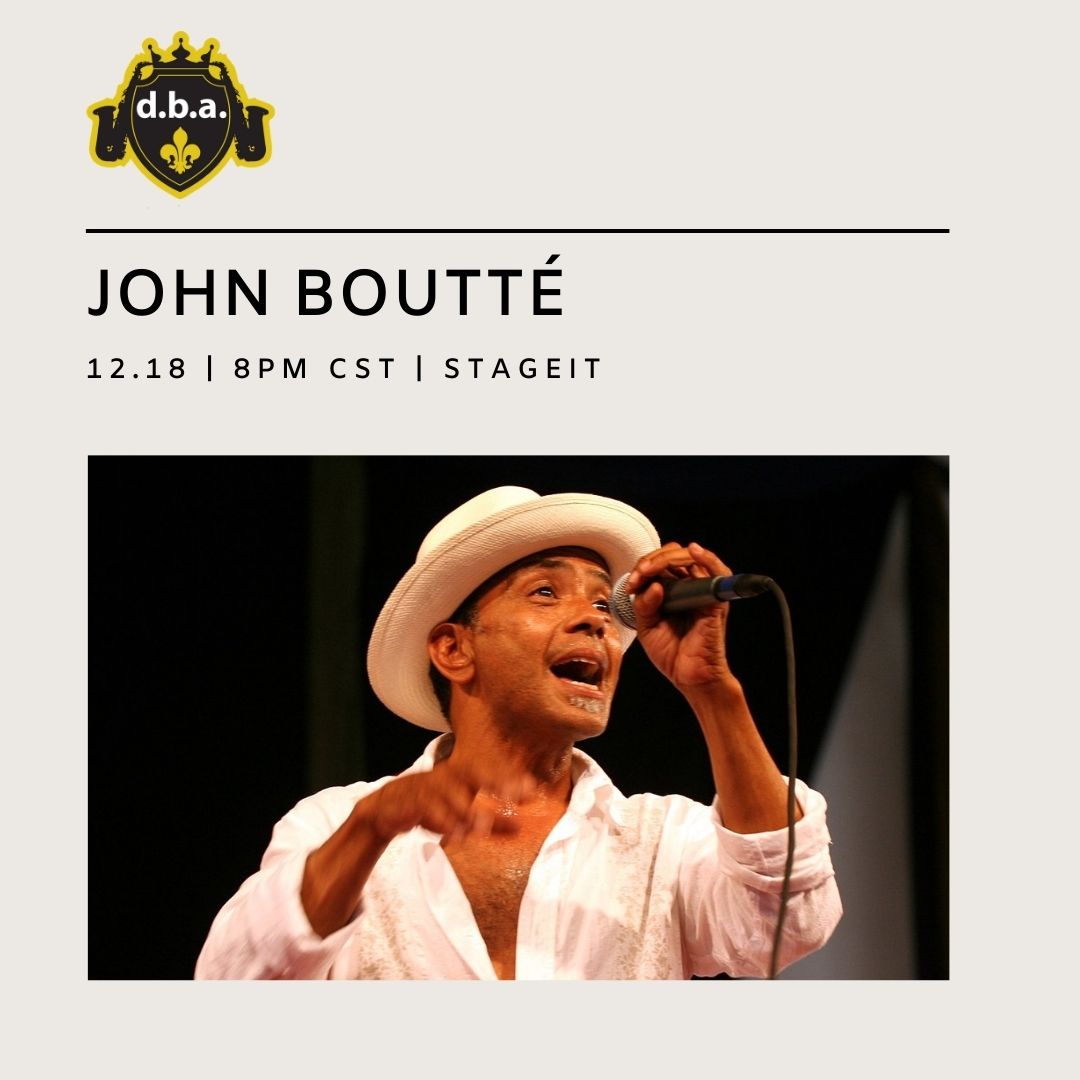 Stageit's tweet photo. TONIGHT! Join us for #NewOrleans legend American Jazz singer John Boutte performing LIVE & DIRECT from @dbaneworleans Friday Dec 18 at 9pm EST
Tickets available here: https://t.co/uWbwjgz9na
#johnboutee #neworleansown #livinglegend #dbaneworleans https://t.co/ImKLG5HCrE