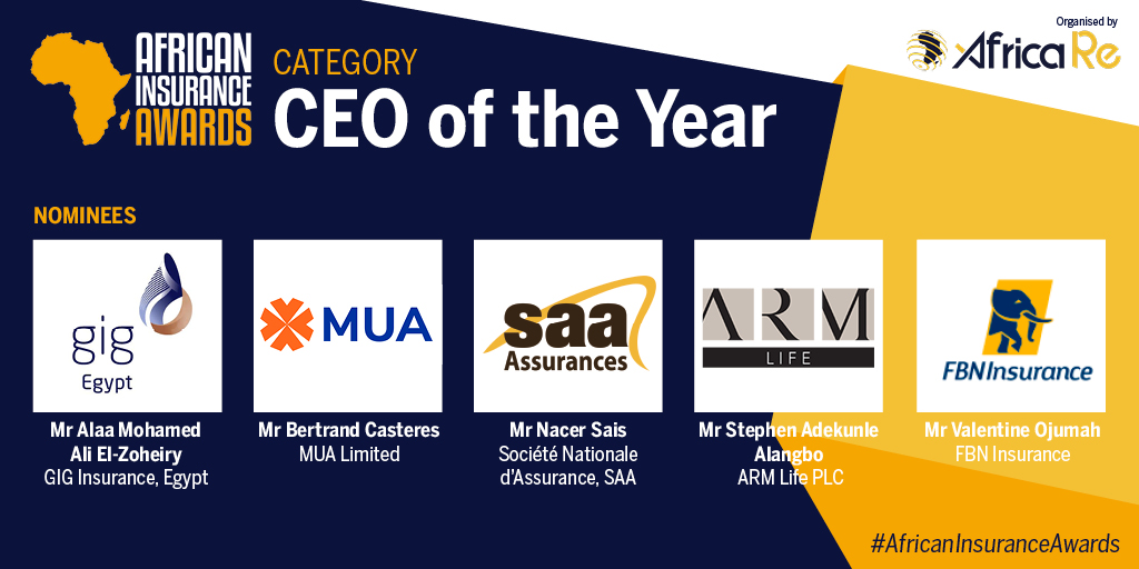 Africa_RE's tweet photo. #AfricanInsuranceAwards 2020 Nominees for the #AfricanCEO of The Year !

Alaa Mohamed Ali El-Zoheri - @gigEgypt
Bertrand Casteres - #MauritiusUnion
Nacer Sais - @SaaAssurances
Stephen Adekunle Alangbo - @lb_advisor
Valentine Ojumah - @FBNInsHelp

https://t.co/V3ihiZXbMq https://t.co/T2cKGyu6Xh