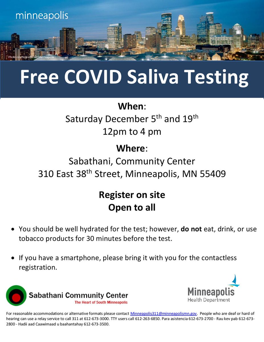 SCCMpls's tweet photo. This Saturday is the LAST DAY to receive FREE COVID-19 Saliva Testing at Sabathani!

When: Saturday December 19th 12:00pm-4:00pm
Where: 310 East 38th Street Minneapolis, MN 55409

Please remember to not eat, drink, or use tobacco products 30 minutes before your test. https://t.co/9OcugigQrd