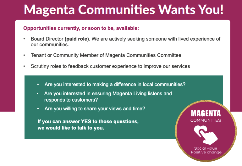 MagentaLive's tweet image. Looking for a new challenge in 2021? Are you willing to share your views and time? If you answered YES to these questions, #MagentaCommunities need your support! 

Find out more on page 13 if our Winter #Newsletter: magentaliving.org.uk/newsletters