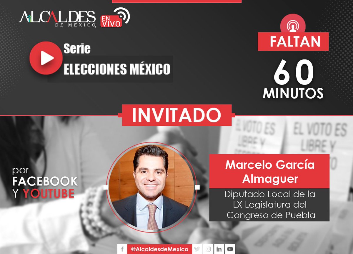 AlcaldesMexico's tweet photo. En una hora comienza una nueva sesión de la serie #EleccionesMéxico con la participación del diputado local de #Puebla @MgBranding ¡Conéctate! Entra a nuestra cuenta de #FacebookWatch y al canal de @AlcaldesTV
 en #YouTube a las 9:30 am https://t.co/PxiSgSTGKu