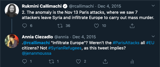The first time was five years ago, when she started spreading the widely believed lie that the terrorists who killed 130 people in Paris were Syrian refugees, not EU citizens.It's hard to overestimate how much damage—how much suffering, how much death—this one lie has led to.