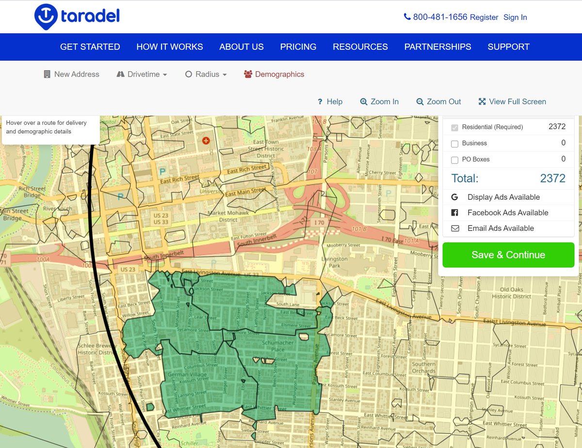 So here's what it looks like. We wanted to target older homes in historic districts that we knew required maintaining the existing older windows. They likely needed repairs. We picked 'German Village' and were able to pick 4 mail routes that almost exactly matched what we wanted.