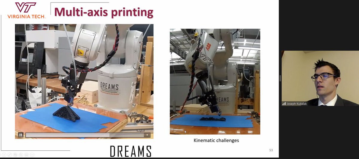 DREAMSLab's tweet image. Congrats to Dr. Kubalak for successfully defending his dissertation, &quot;Topology and Toolpath Optimization via Layer-Less #MultiAxis #MaterialExtrusion #AdditiveManufacturing&quot;. His TO algorithm optimizes part shape and 3D printing direction w/ a robotic arm!
