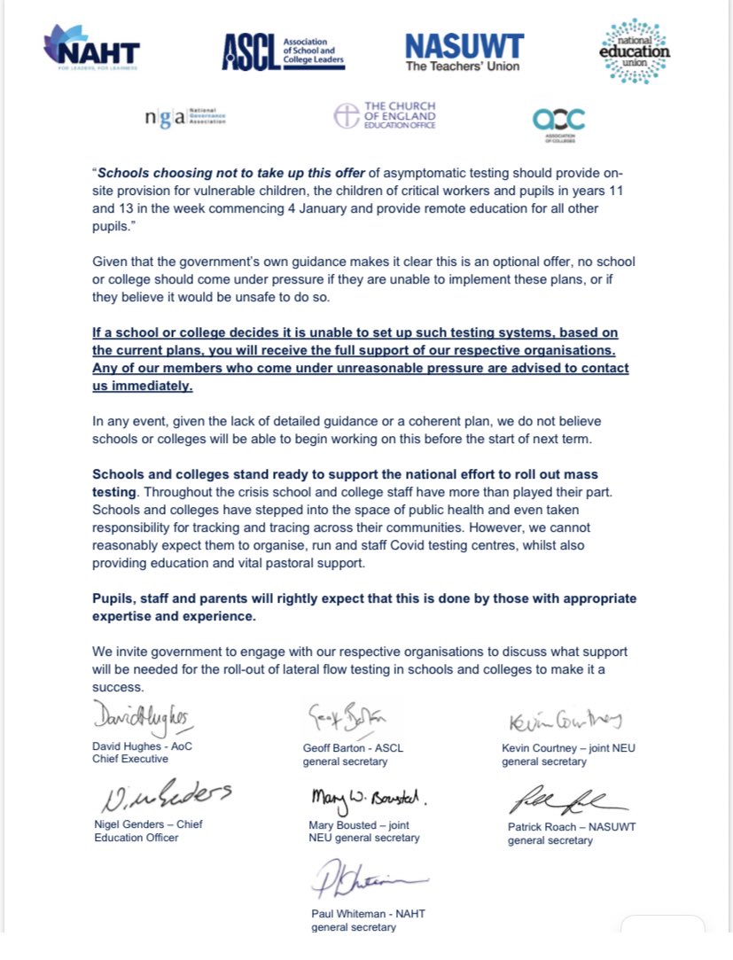 NEW: Education unions have issued a joint statement in which they advise schools that if they feel they cannot start mass testing at the start of next term then they shouldn’t do so: “any of our members who come under unreasonable pressure are advised to contact us immediately.”