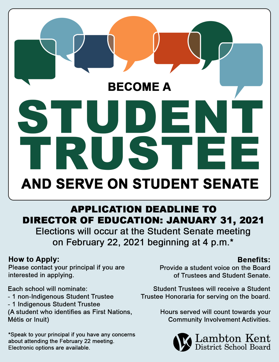 Have you ever considered becoming a student trustee with the LKDSB? Head over to the VLHS Brightspace class to access the application form.