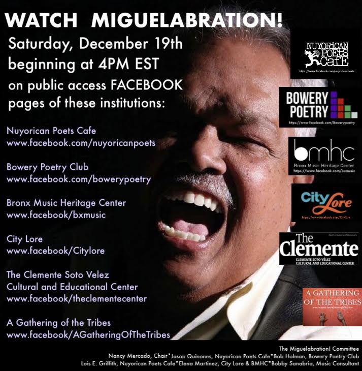 Saturday, December 19th at 4PM please join The Clemente, @NuyoricanPoets, @bx_music, @City_Lore, @bowerypoetry in celebrating the life and work of Miguel Algarín, co-founder of @NuyoricanPoets . Tune in tomorrow to watch Miguelabration at www.facebook/ theclementecenter.
