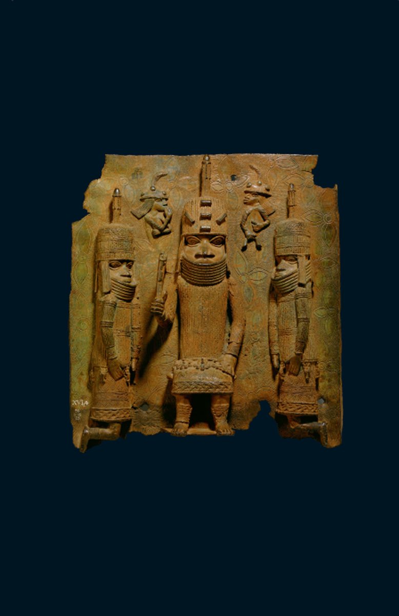 77. Benin Plaque: The Oba with EuropeansThe figures on the sides are wearing belts hung with small crocodile headsThose crocodile heads were the emblem authorizing them to do business with the Europeans