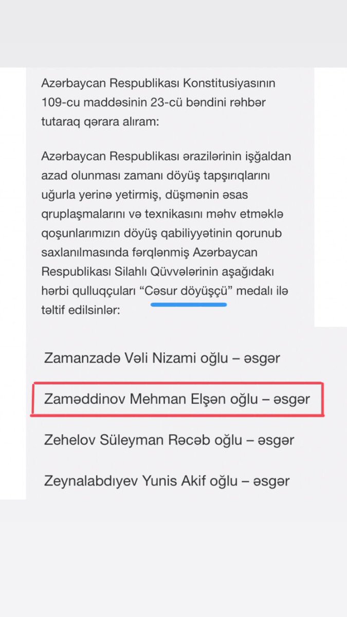 mhnzmd's tweet photo. "Cəsur döyüşçü" medalı ilə təltif olubdum 🙂 https://t.co/UqJz5faH3k