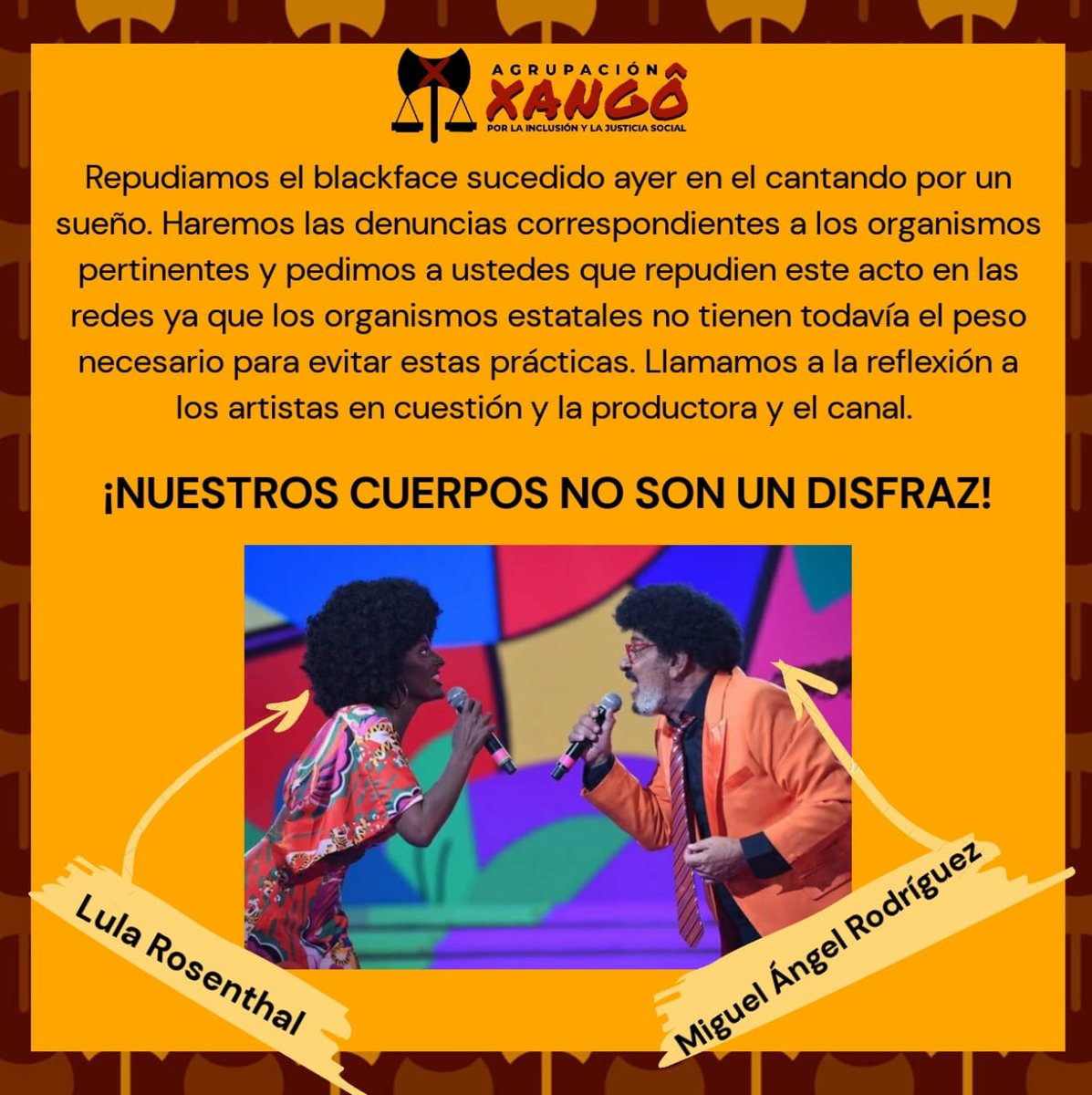 AFROXANGO's tweet photo. Repudiamos nuevamente el blackface en la televisión argentina https://t.co/NQVM9t9k8D