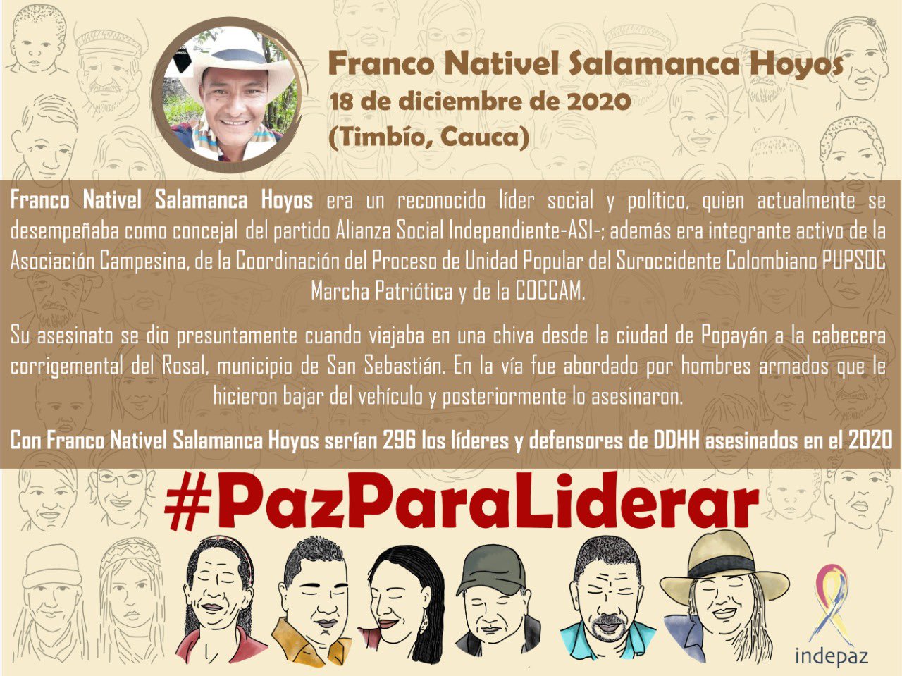Gustavo Bolívar on Twitter: "Asesinado el líder social y concejal de la  ASÍ, Franco Nativel Salamanca, en Timbío, Cauca. Franco es el líder social  No 296 de este año. Sr @IvanDuque puede