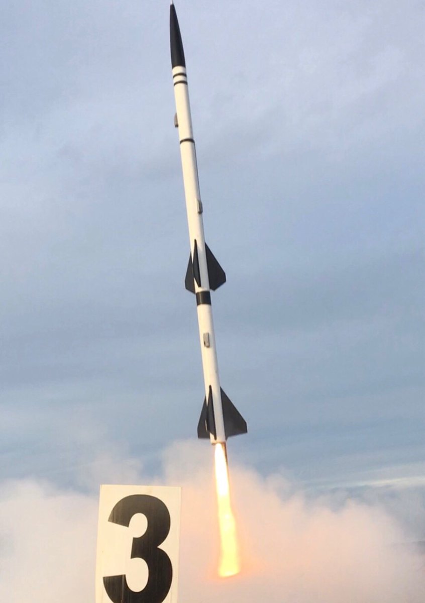 HARocketryGroup's tweet photo. Harrison Rocketry team successfully completed our sub-scale rocket flight (left) for our NASA Student Launch project over the weekend. Look at the sleek split-fin design! Also an amazing two-stage flight (right). @NASASTEM @StudentLaunch @SpaceX @blueorigin https://t.co/gNqpY650kY