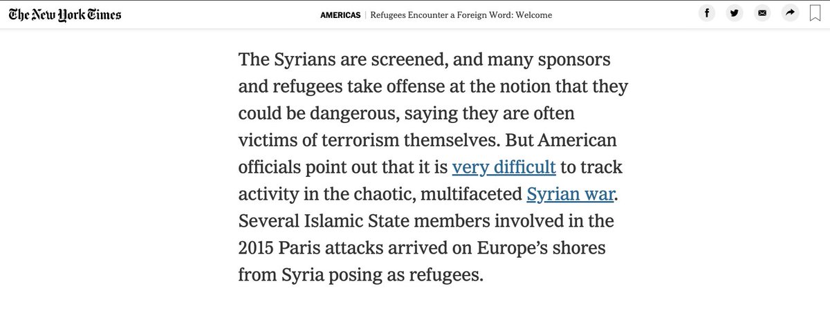 Here's a feel-good NYT story about Canadians taking in refugees. Because of this tainted, lying narrative, even a feel-good story like this feels the need to mention the possibility—WHICH WAS NOT REAL—that the Canadians might be taking in terrorists "posing as refugees" instead.