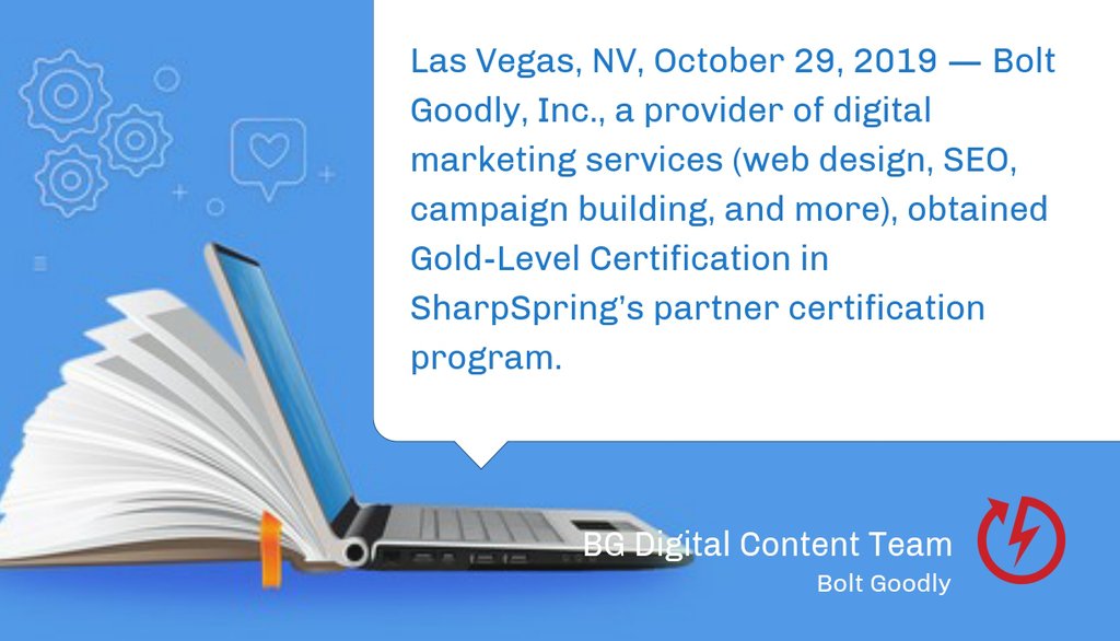 A year ago I published "Press Release – Bolt Goodly Inc. Receives Gold Certification in SharpSpring Partner Certification Program" lttr.ai/aopl

 #sharpspring #MarketingAutomation #SearchEngineOptimization #Boltgoodly
