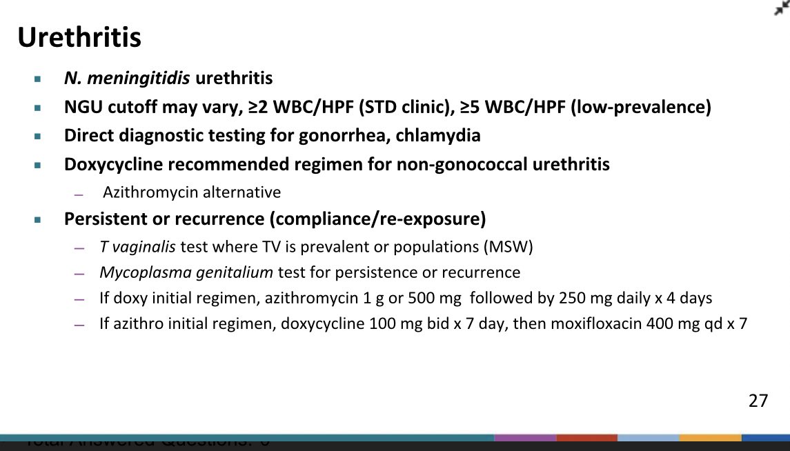 Urethritis with mention that N meningitis urethritis exists (can be passed throat oral intercourse). Doxycycline recommended first line with azithromycin alternative for non-gonococcal urethritis! And things to consider with persistence or recurrence include TV and Mgen!