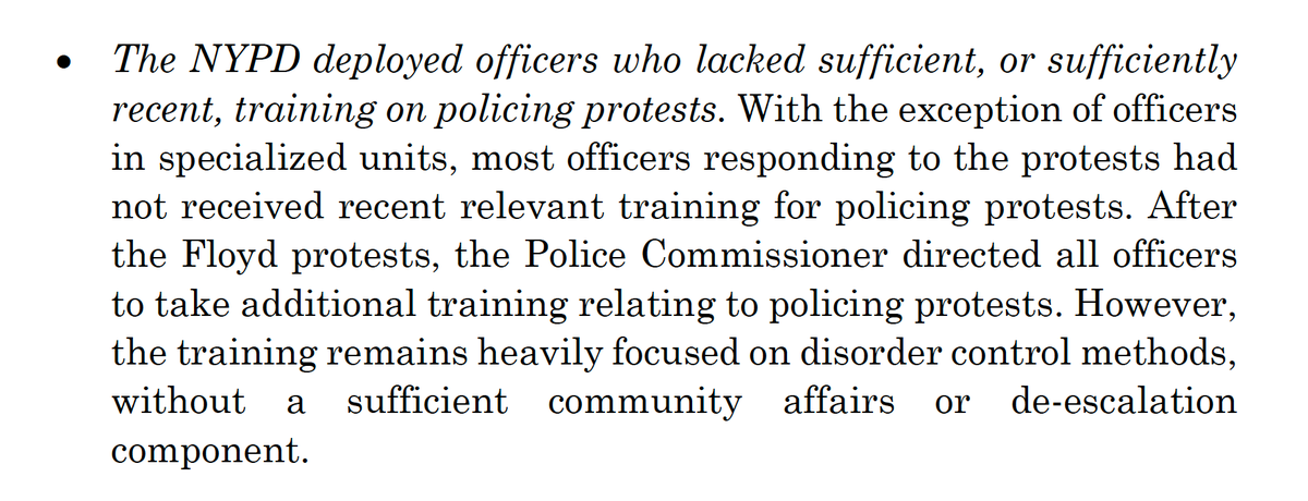 Speaking of "disorder control", the DOI finds that the NYPD deployed officers who lacked sufficient/recent protest policing-related training, summarizing some of the relevant training rather than providing the substance. DOI should publish the relevant training materials...