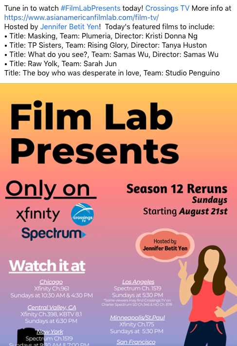 filmlabinc's tweet photo. Don't miss today's #FilmLabPresents hosted by @JenBetitYen on @crossingstv and featuring #72HrSO @KristiDonnaNg
@TanyaHuston
@samaswu
@SarahJun
@Penguino #GoingViral #IsolationEdition https://t.co/AhZMujKw71