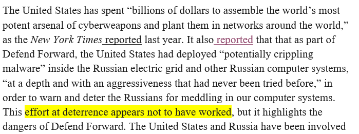 5. On deterrence: Jack describes US operation that placed malware on Russia's electric grid as an "effort at deterrence [that] appears not to have worked" as evidenced by SolarWinds espionage hack.But that's probably not what the USG operation was trying to deter.
