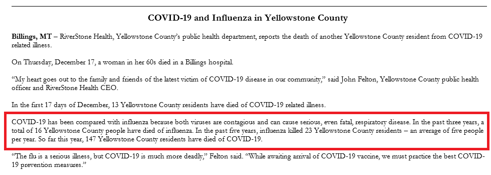 hollykmichels's tweet photo. Over the last 5 years, 23 Yellowstone County residents have died from the flu. 

147 have died from covid in the last 9 months. https://t.co/6auGNTqUNn