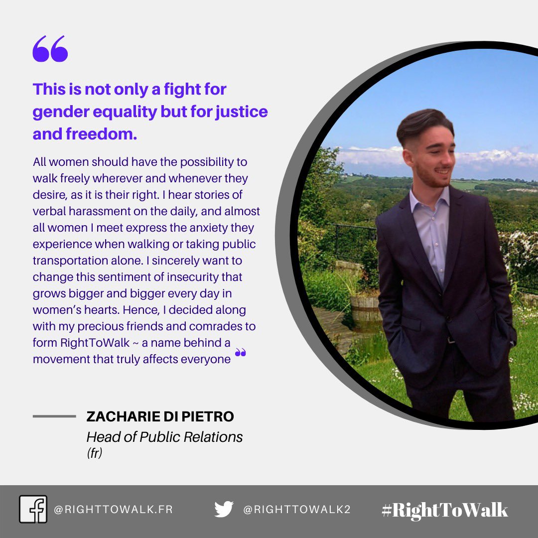 RightToWalk2's tweet image. Meet our team🤩
Zacharie Di Pierto our Head of Public Relations (fr)!
Check out our other social medias and feel free to support us there too! FB and Insta: righttowalk.fr 
#violencesconjugales #NousToutes #metoo #equality #menforequality #humanrights #RightToWalk
