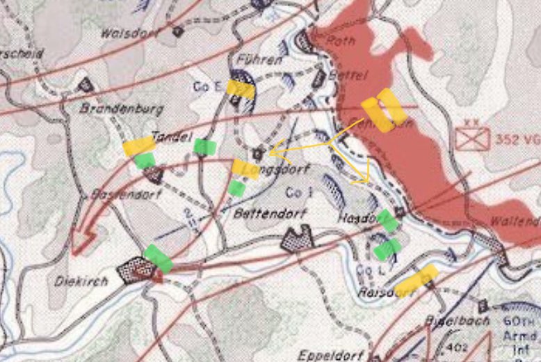 Looking at the 109th (green) in detail, F/G coys block the Bastenfdorf road vs 915VGR, B in Tandel, A blocking the Longsdorf road vs 916, with K/L remaining on the Hoesdorf plateau also vs 916.915 occupies Führen with 914 & remaining Div elements crossed/crossing the Our.2)
