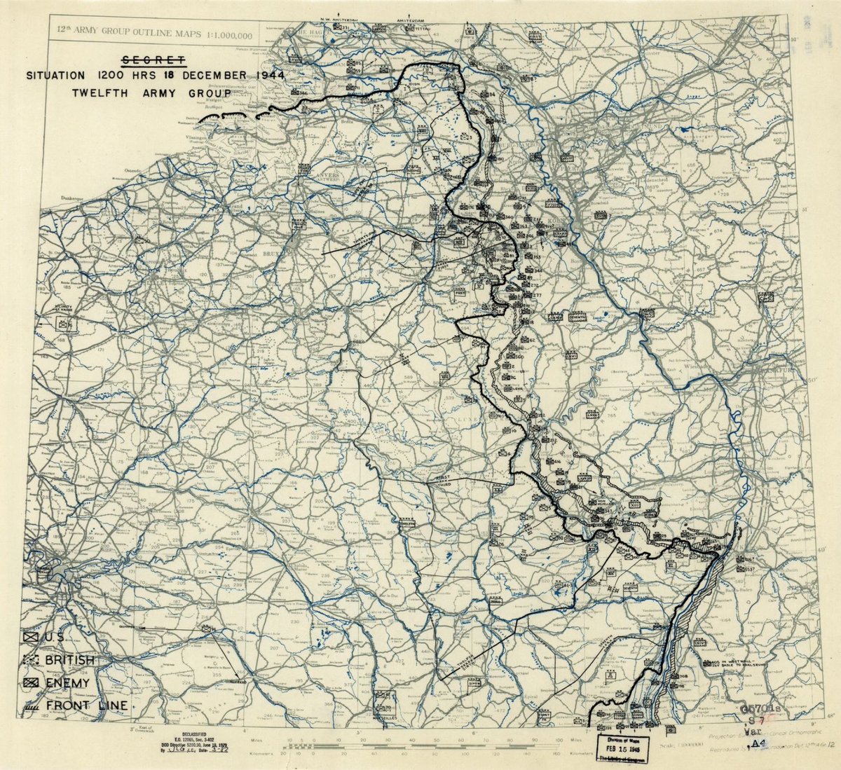 18th December 1944Wacht am Rhein - D+2The US Twelfth Army Group situation map shows the 9AD moved to the SE of the 109th, nearer supporting US troops than their own Div units.5FJD have disengaged with 109th during the previous night & continued west.1)