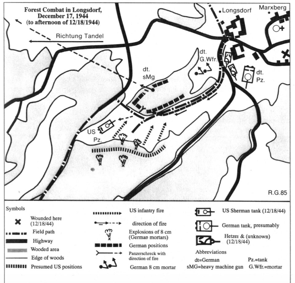 A coy were finally forced to withdraw, with only 25 men left, from the increasingly heavy attacks from 916 moving beyond Longsdorf.17yo Friedrich Schmäschke from thread 3 (16th Dec) was wounded in the leg during these actions.5)