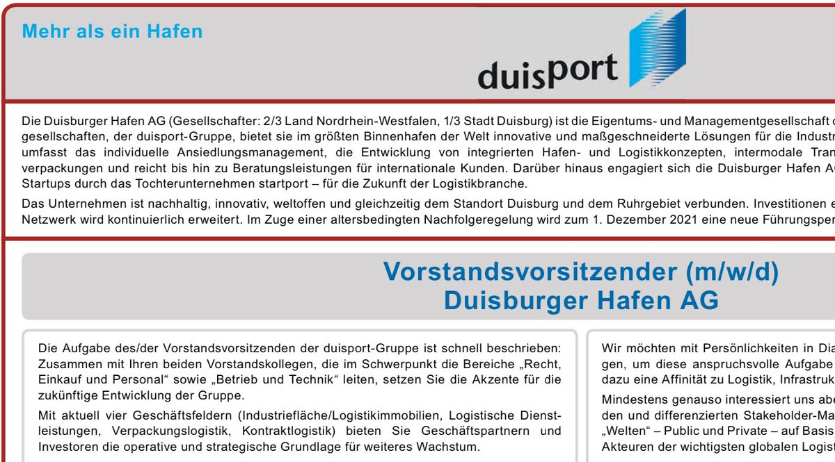 Der Duisburger Hafen sucht zum 01.12.2021 einen neuen CEO!