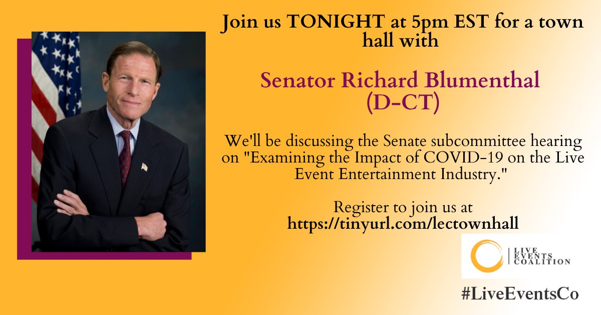LiveEventsCo's tweet photo. TODAY at 5pm EST: we will be hosting a town hall with @SenBlumenthal (D-CT) to discuss this week's hearing &amp; next steps around a stimulus plan.

Register here: https://t.co/i6a7xlG87X https://t.co/tfaL0ArO9A