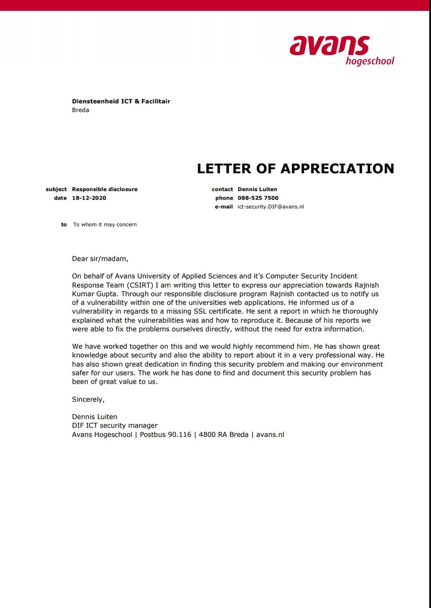 geekyrajnish's tweet image. Happy to Secure Avans Hogeschool 😊
Thanks @AvansHogeschool team for the Appreciation Letter.
#bugbounty #cybersecurity #hacking #pentesting #ethicalhacking #networksecurity #security #bounty #bughunting #india #cybercrime #cyberattack #ethicalhackers