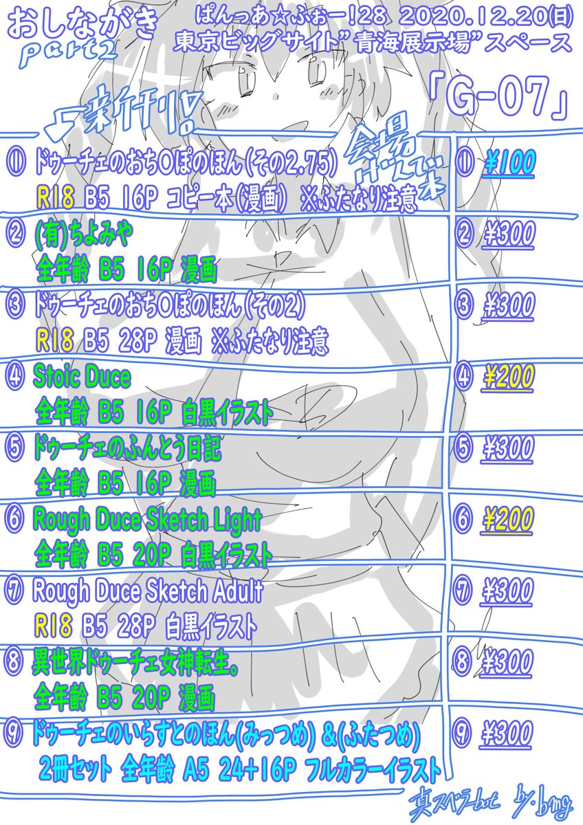 (おしながき)
12月20日ビッグサイト青海展示場ぱんっあ☆ふぉー!28にスペース[G-07]もらいました。新刊は前のを追記したコピー本ですがいちおうあります。歳末在庫放出バーゲンです(?)色紙も用意しますのでぜひ! 