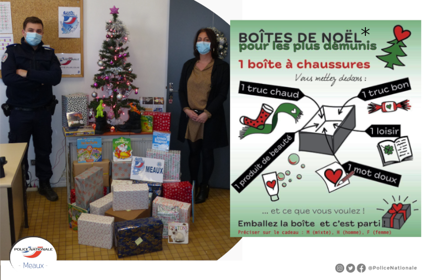 PoliceNat77100's tweet photo. Joyeux Noël à tous ! Dans cet esprit d'unité, nous avons 
décidé de participer à l'action solidaire de l'association "Meaux bilisons nous" pour composer et offrir des boites de Noël* aux plus démunis @Meaux. La collecte d'une trentaine de boites sera remise à l association. https://t.co/2GxbIAs4Gi
