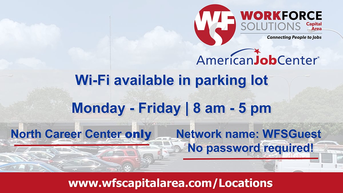 wfscapitalarea's tweet photo. Now serving Austin virtually--access our Wi-Fi in the North center parking lot!
Available from up to 15 parking spots away from our front doors. ๐ถ๐ป๐ฑ๐
No password required!
*North center only, Monday - Friday, 8 am - 5 pm*
#WorkingInAustin #StandWithAustin https://t.co/zeoZNE5zUx
