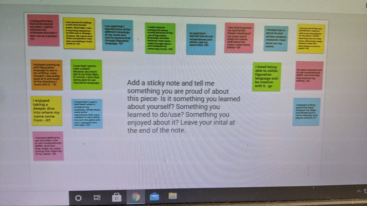 Shout out to Jamboard for coming through and letting my students share their wins and favorite lines from their name poems and stories 💙 My heart is full watching them celebrate themselves and their peers in this virtual world 🌍 #remotelearning #googlejamboard #writing