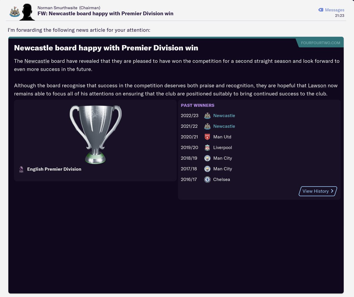 Here are some lovely screengrabs of the Toon lifting the EPL and CL trophies!  #NUFC  #FM21  