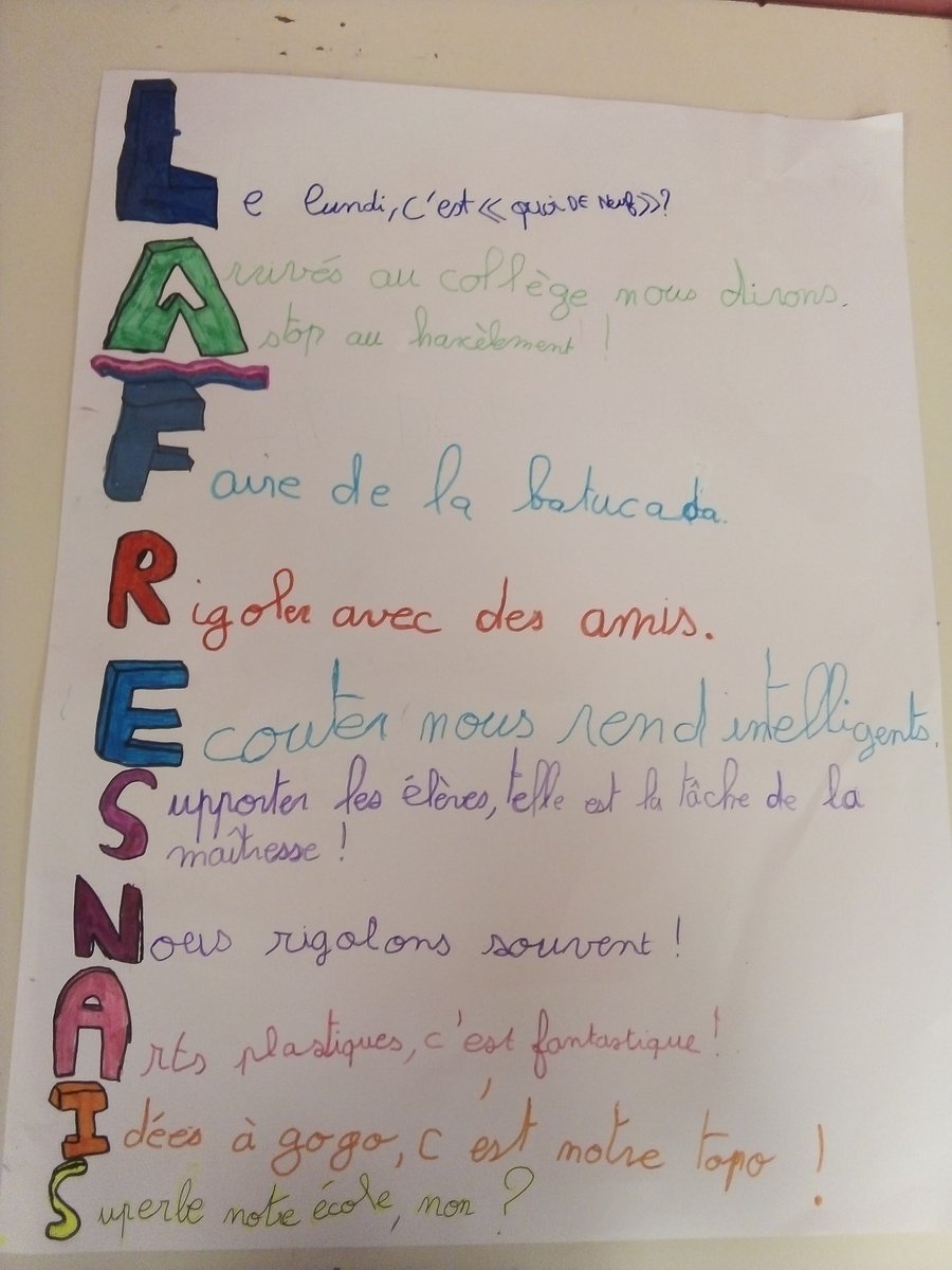 CM_Frenes's tweet photo. Bonjour ! Voici notre acrostiche commun, après de multiples propositions des élèves :)

#Twoulipo #EQ34 https://t.co/GWEMNnX5u2