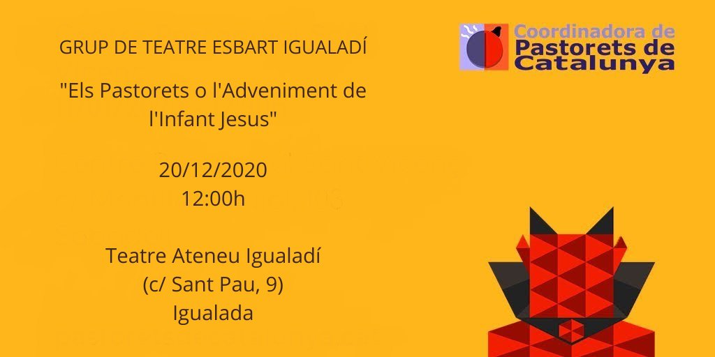 😇😈 "Els Pastorets o l'Adveniment de l'Infant Jesús"
🗓️ 20/12/2020
🕢 12:00h
📍 Igualada

Viu Nadal, viu Pastorets!

#pastoretscat #pastorets #cultura #culturapopular #culturasegura <a href="/igualadapastore/">Pastorets Igualada</a>