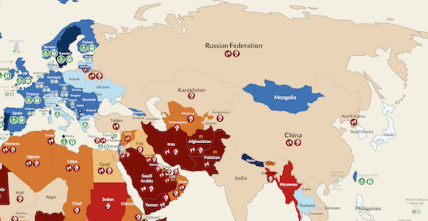 Also, as some people have pointed out, Russia, for instance, seems relatively neutral on this map, bc their *official* policies aren't anti-queer, despite the semi-official massive criminalization and persecution of queers.