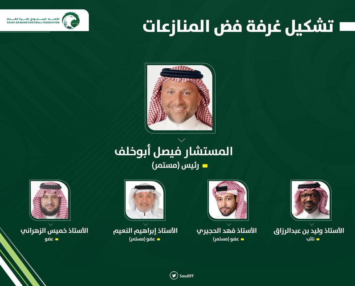 saudiFF's tweet photo. الاتحاد السعودي لكرة القدم يعتمد التشكيل الجديد لغرفة فض المنازعات برئاسة المستشار القانوني فيصل أبو خلف. ⬇️ https://t.co/BSNg4uzPUN