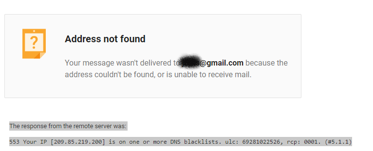 hmoskovits's tweet photo. @gmail
Emails are not going through, getting this bounceback, note 209.85.219.200 is a @google IP https://t.co/GpmN3waZ2f