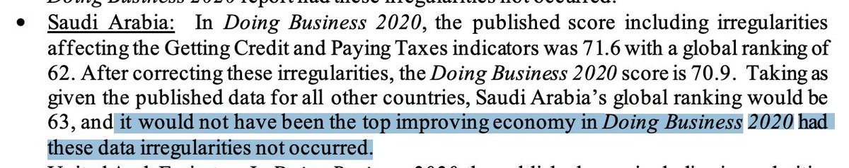 The auditors show that after the Doing Business scores were done and had circulated internally, but before final publication, someone changed the Saudi numbers, catapulting Saudi Arabia into the #1 reformer slot.(6/n)
