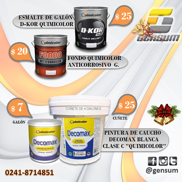 🔹 ESMALTE QUIMICOLOR D-KOR
🔹 FONDO ANTICORROSIVO
🔹 PINTURA DE CAUCHO DECOMAX BLANCA
Estamos ubicados por la Don Julio Centeno de #Valencia , frente a Oro Cauchos Láser del Big Low Center.

#Quimicolor #remodelacion #esmalte #fondo #anticorrosivo #Cuñete #Decomax #pintura