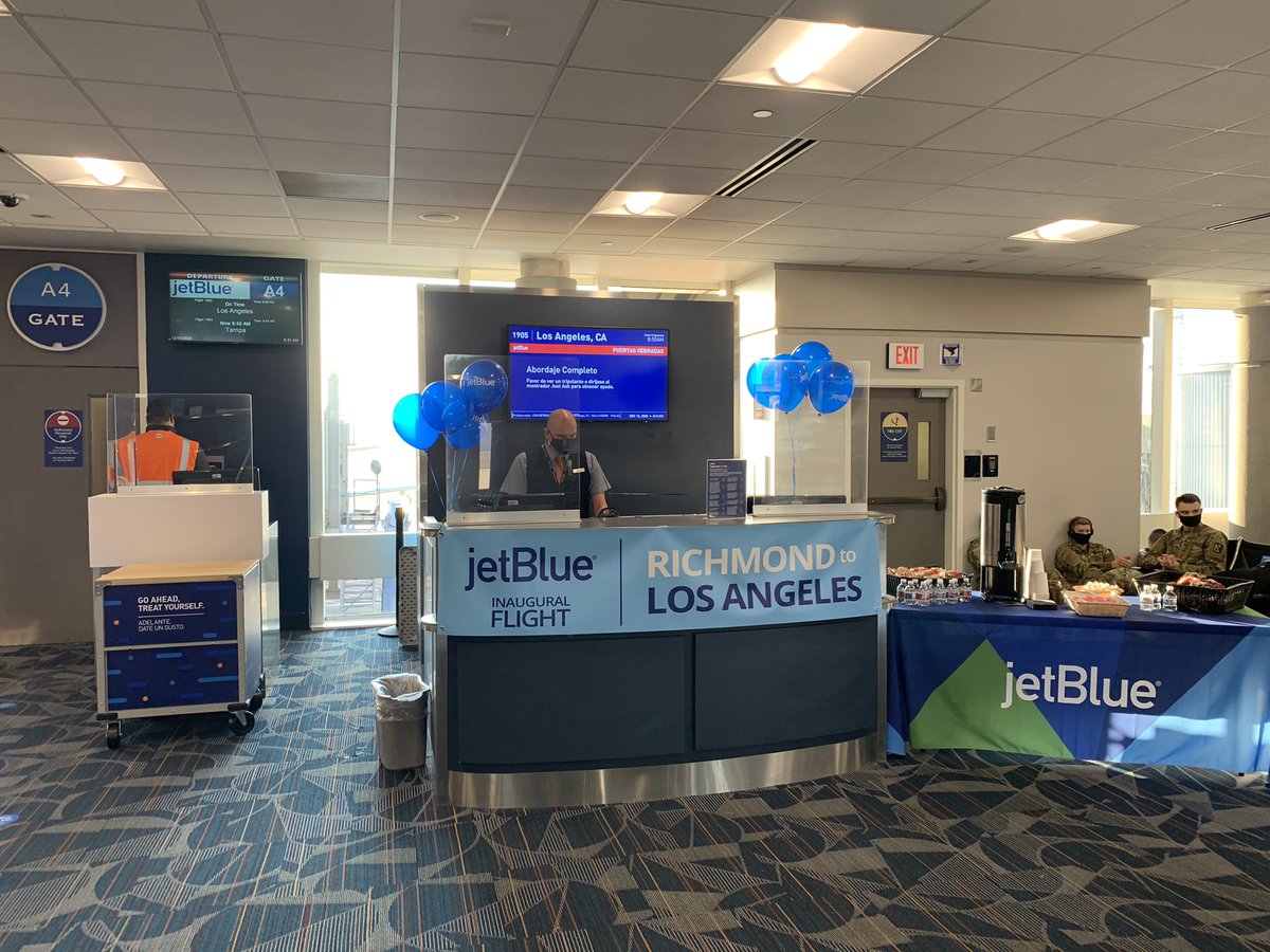 Kelly84Clark's tweet photo. This morning @JetBlue launched the first ever transcontinental flight from Richmond International Airport with RIC-LAX flight 1905.  It’s so exciting to be a part of what the airport is calling a Historic day, I couldn’t be more proud of my Crewmembers here in RIC. https://t.co/yCz7rmKBiy