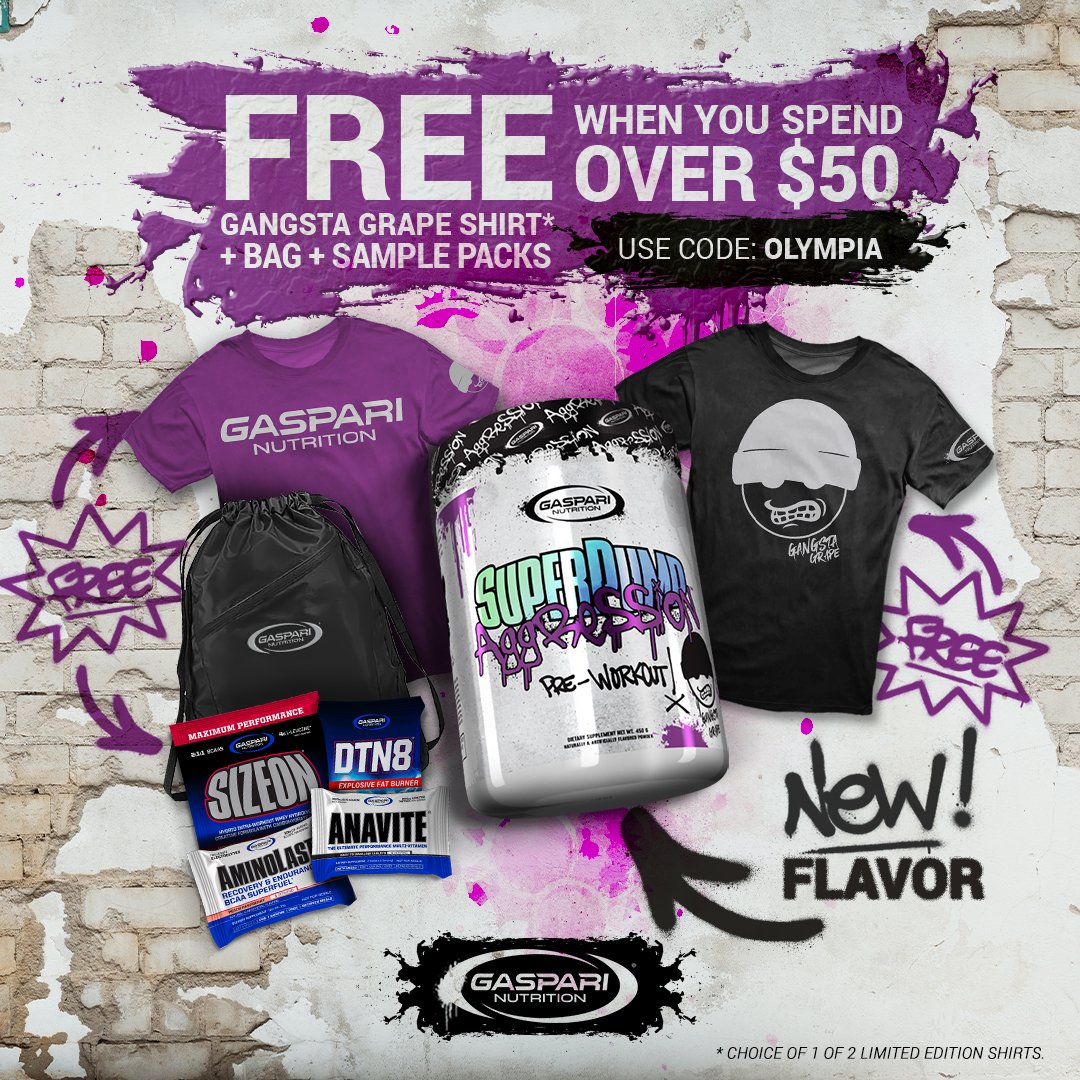 RichGaspari's tweet photo. 🍇 NEW Gangsta Grape #SuperPumpAggression is here 🍇 Spend $50+ and you’ll receive:
👕FREE t-shirt
🎒FREE drawstring bag
🔹FREE sample packs
Head to https://t.co/hxnuyTFbrf and use coupon code “OLYMPIA” at checkout! https://t.co/akXWqLrZEC