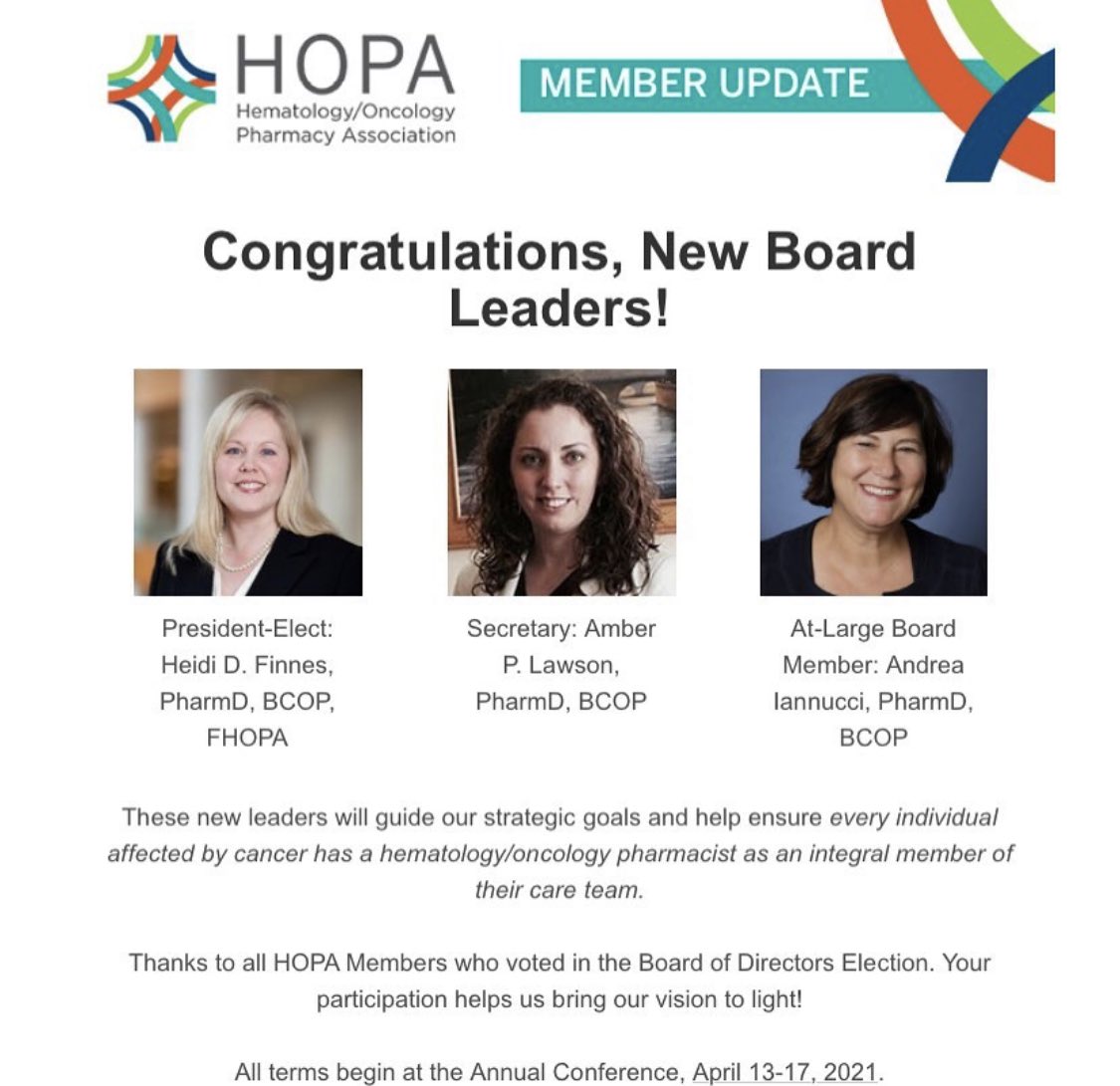 Congratulations to my RPD and mentor, Andrea Iannucci, for being elected as an at-large board member for @HOPArx board of directors! So excited to watch you further lead our profession to new heights! #OncPharm